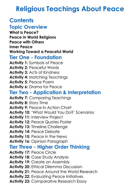 Religious Teachings About Peace Worksheet Activity Booklet