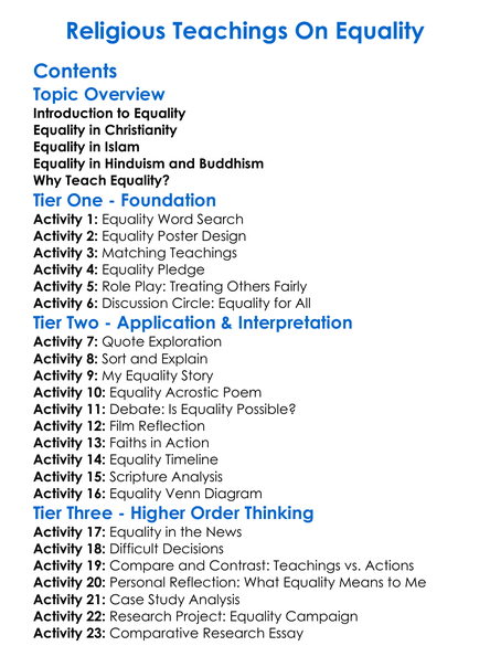 Religious Teachings On Equality Worksheet Activity Booklet