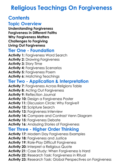 Religious Teachings On Forgiveness Worksheet Activity Booklet