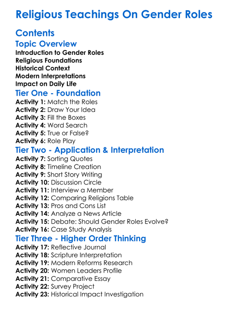 Religious Teachings On Gender Roles Worksheet Activity Booklet