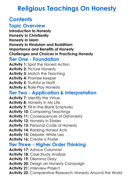 Religious Teachings On Honesty Worksheet Activity Booklet
