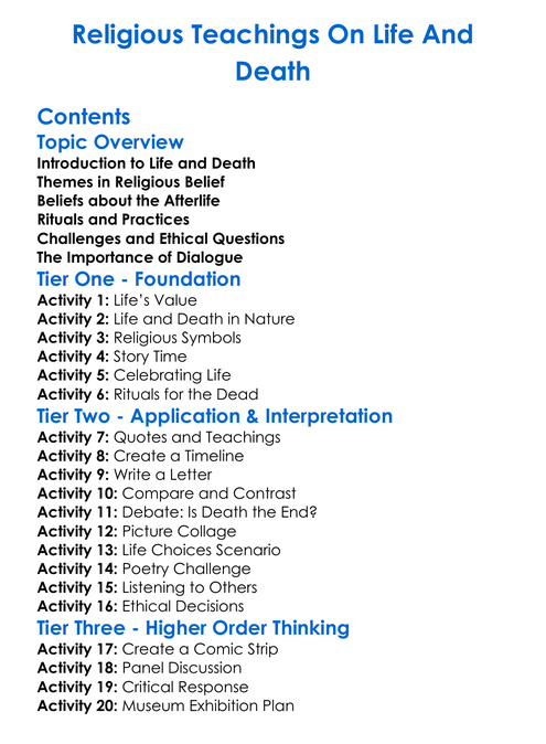 Religious Teachings On Life And Death Worksheet Activity Booklet