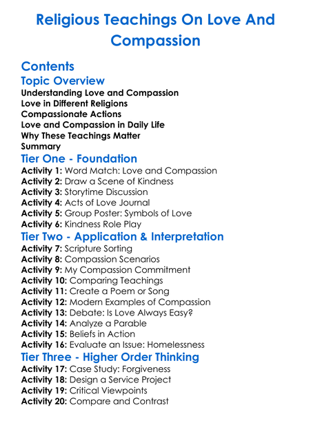 Religious Teachings On Love And Compassion Worksheet Activity Booklet