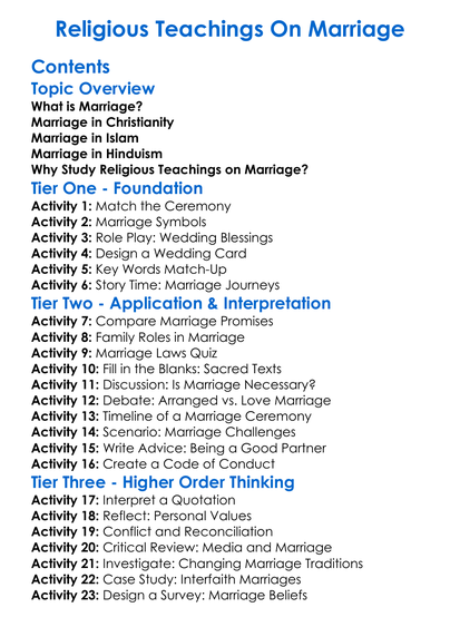 Religious Teachings On Marriage Worksheet Activity Booklet
