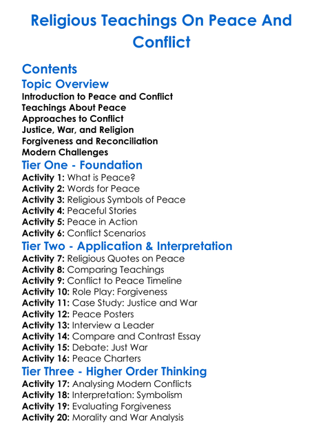 Religious Teachings On Peace And Conflict Worksheet Activity Booklet