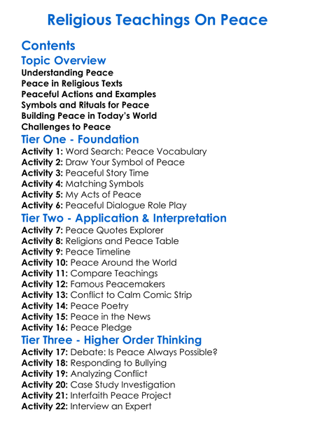 Religious Teachings On Peace Worksheet Activity Booklet