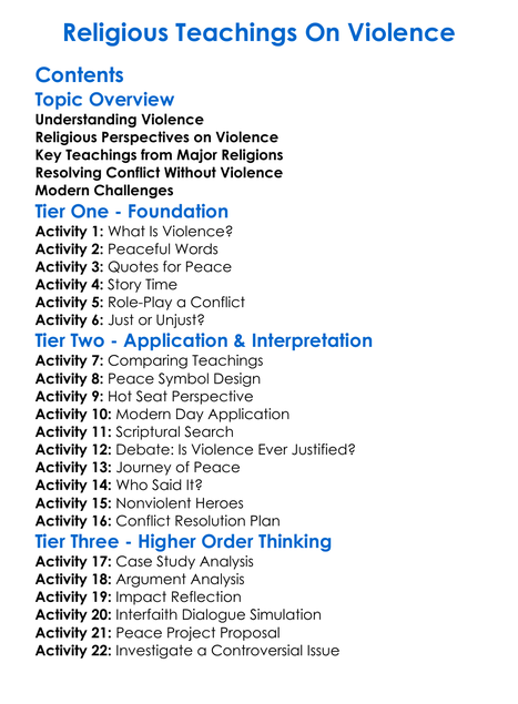 Religious Teachings On Violence Worksheet Activity Booklet
