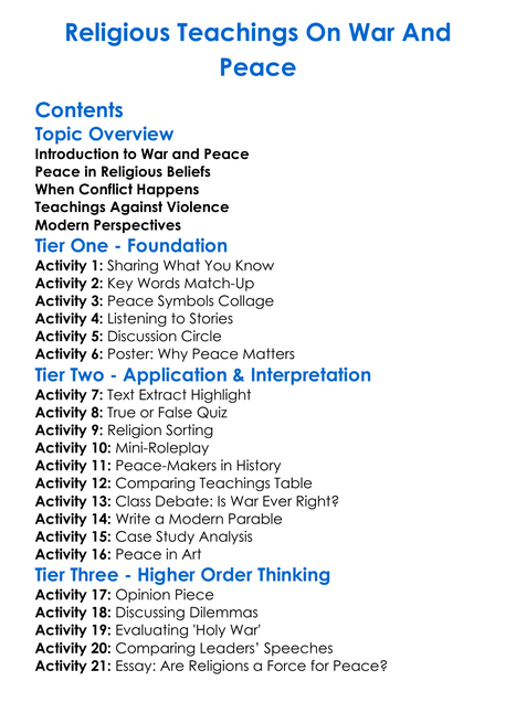 Religious Teachings On War And Peace Worksheet Activity Booklet