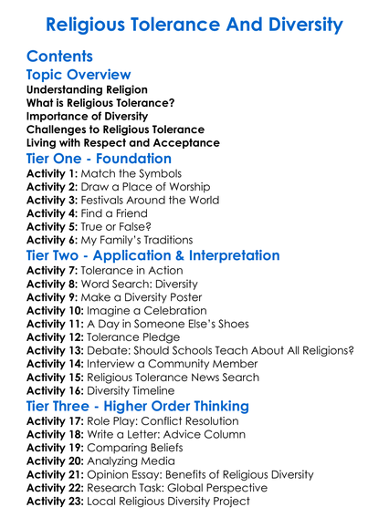 Religious Tolerance And Diversity Worksheet Activity Booklet