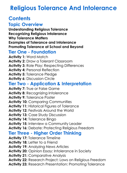 Religious Tolerance And Intolerance Worksheet Activity Booklet