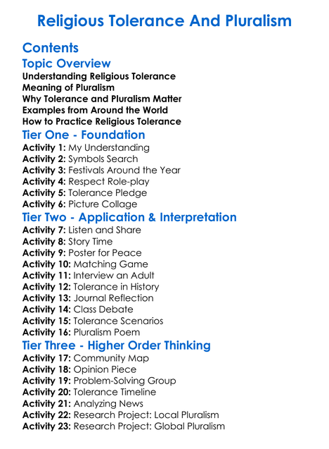 Religious Tolerance And Pluralism Worksheet Activity Booklet