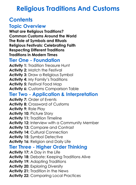 Religious Traditions And Customs Worksheet Activity Booklet