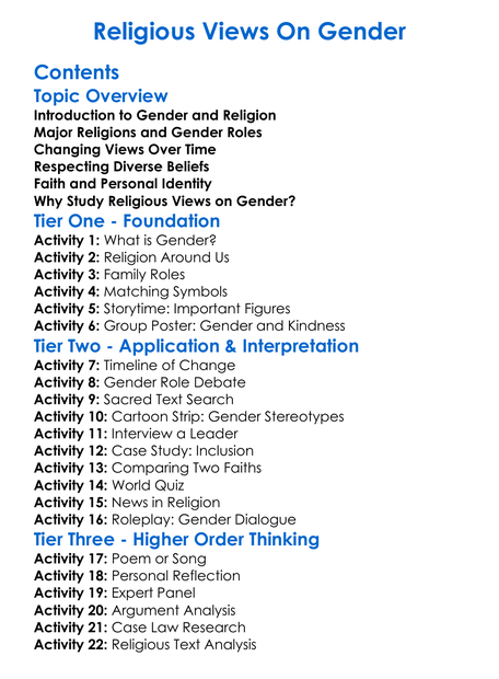Religious Views On Gender Worksheet Activity Booklet
