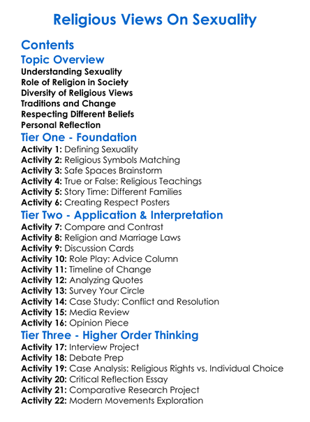 Religious Views On Sexuality Worksheet Activity Booklet