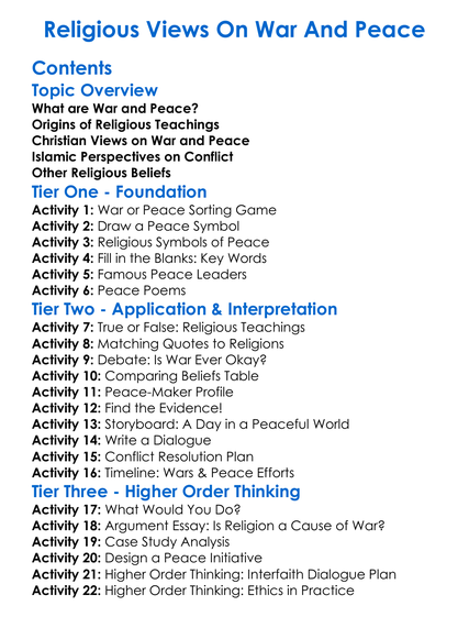 Religious Views On War And Peace Worksheet Activity Booklet
