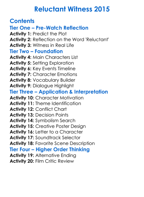 Reluctant Witness 2015 Worksheet Activity Booklet