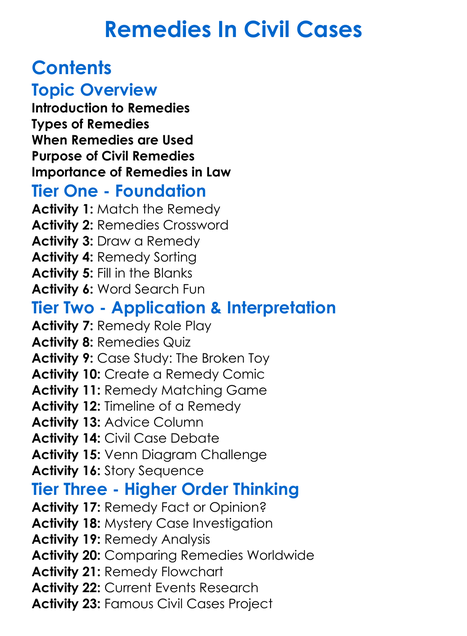 Remedies In Civil Cases Worksheet Activity Booklet