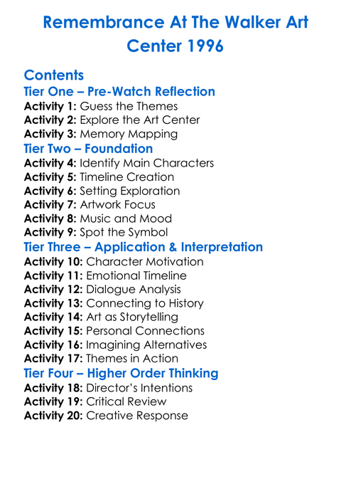 Remembrance At The Walker Art Center 1996 Worksheet Activity Booklet