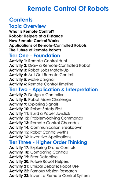 Remote Control Of Robots Worksheet Activity Booklet