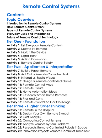 Remote Control Systems Worksheet Activity Booklet