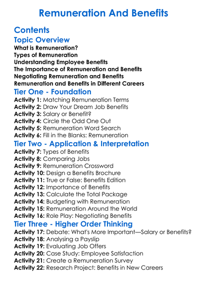 Remuneration And Benefits Worksheet Activity Booklet