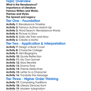 Renaissance Literature Worksheet Activity Booklet