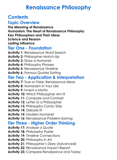 Renaissance Philosophy Worksheet Activity Booklet