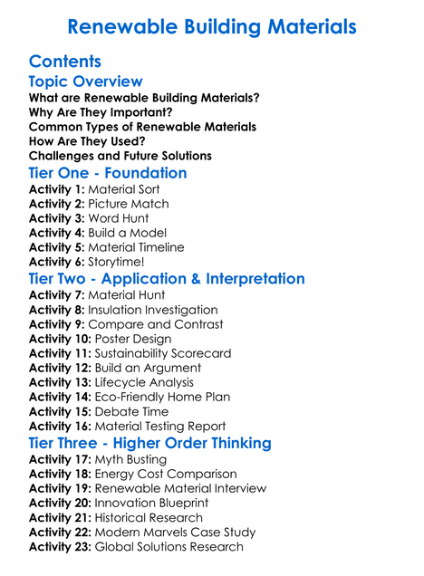 Renewable Building Materials Worksheet Activity Booklet