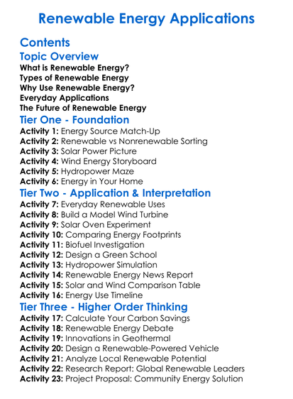 Renewable Energy Applications Worksheet Activity Booklet