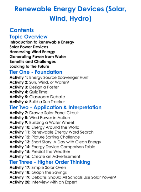 Renewable Energy Devices Solar Wind Hydro Worksheet Activity Booklet