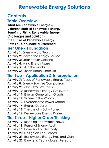 Renewable Energy Solutions Worksheet Activity Booklet