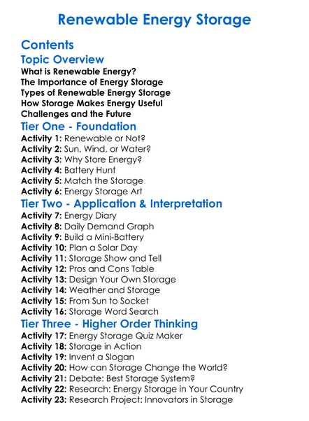 Renewable Energy Storage Worksheet Activity Booklet