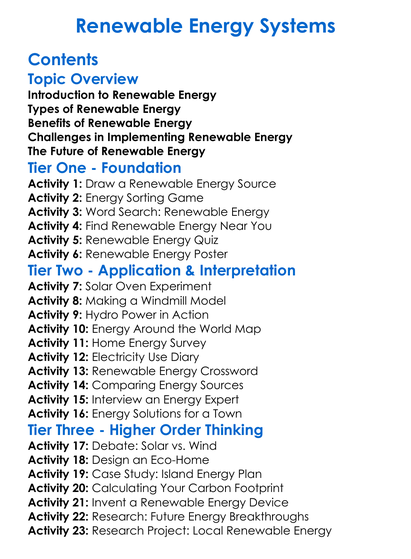 Renewable Energy Systems Worksheet Activity Booklet