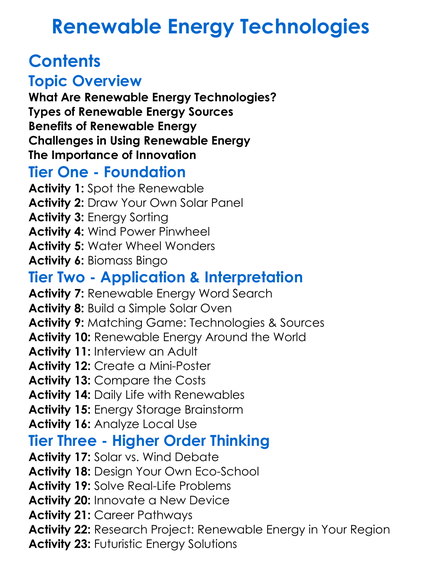 Renewable Energy Technologies Worksheet Activity Booklet