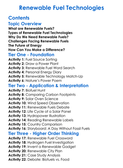 Renewable Fuel Technologies Worksheet Activity Booklet