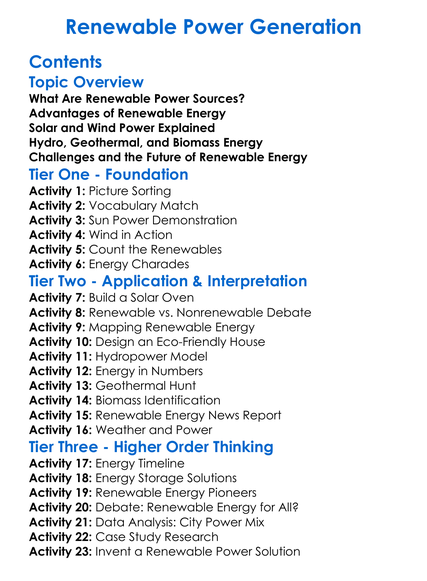Renewable Power Generation Worksheet Activity Booklet