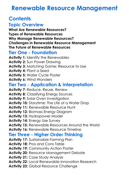 Renewable Resource Management Worksheet Activity Booklet