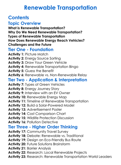 Renewable Transportation Worksheet Activity Booklet