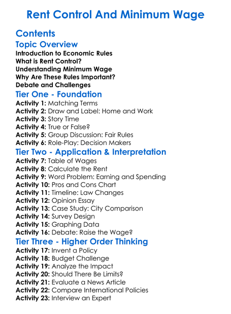 Rent Control And Minimum Wage Worksheet Activity Booklet