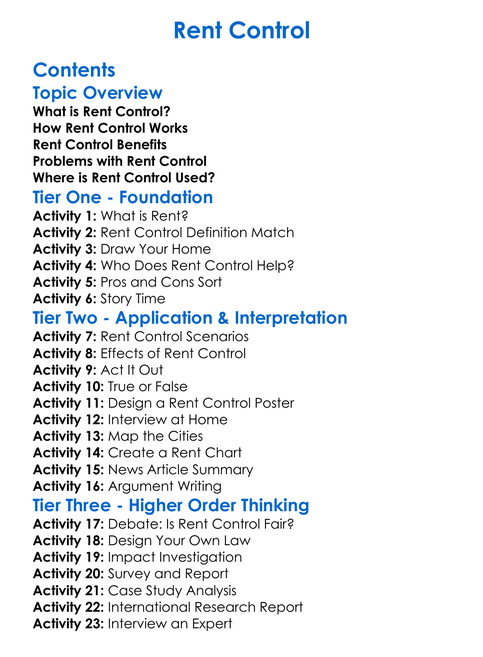 Rent Control Worksheet Activity Booklet