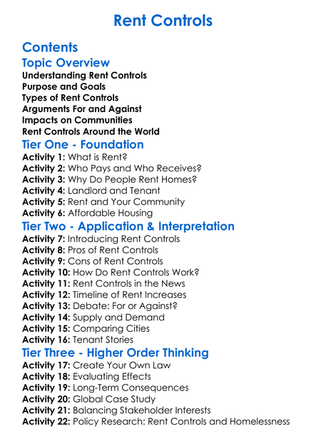Rent Controls Worksheet Activity Booklet