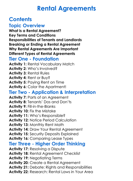 Rental Agreements Worksheet Activity Booklet