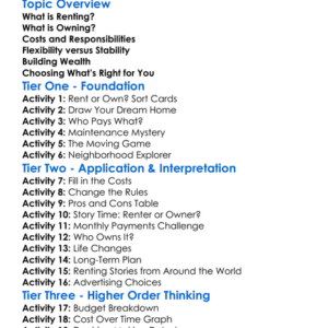 Renting Versus Owning Worksheet Activity Booklet