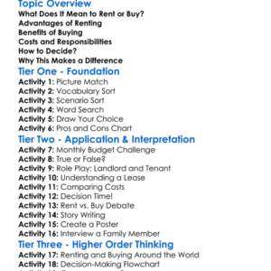 Renting Vs Buying Worksheet Activity Booklet