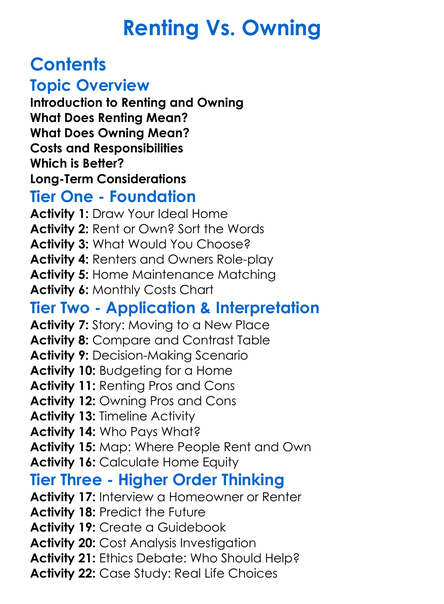 Renting Vs Owning Worksheet Activity Booklet