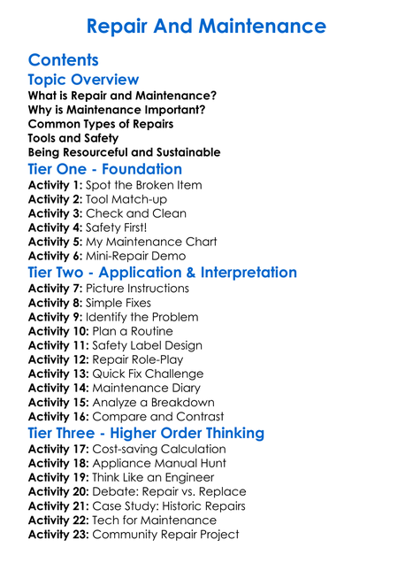 Repair And Maintenance Worksheet Activity Booklet
