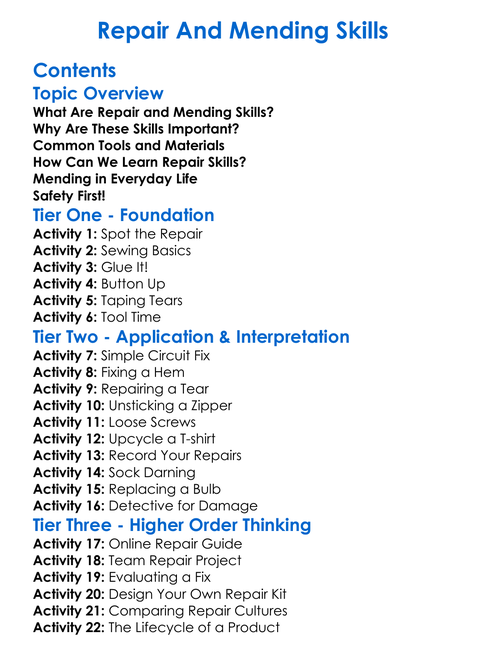Repair And Mending Skills Worksheet Activity Booklet