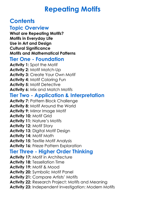 Repeating Motifs Worksheet Activity Booklet