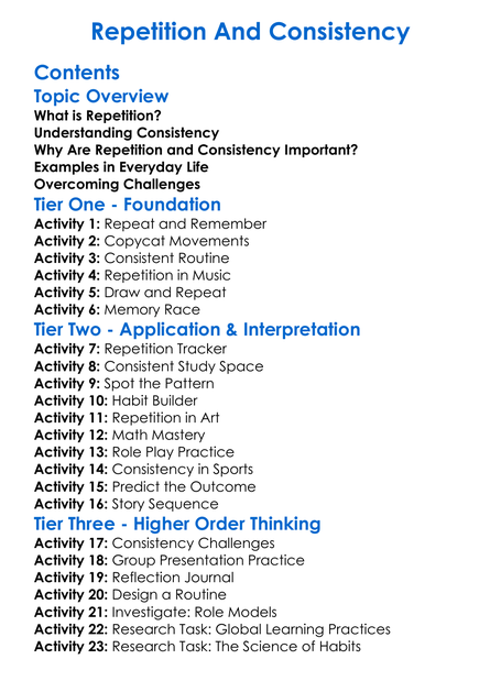 Repetition And Consistency Worksheet Activity Booklet