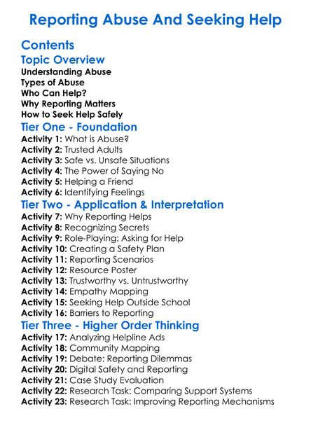 Reporting Abuse And Seeking Help Worksheet Activity Booklet